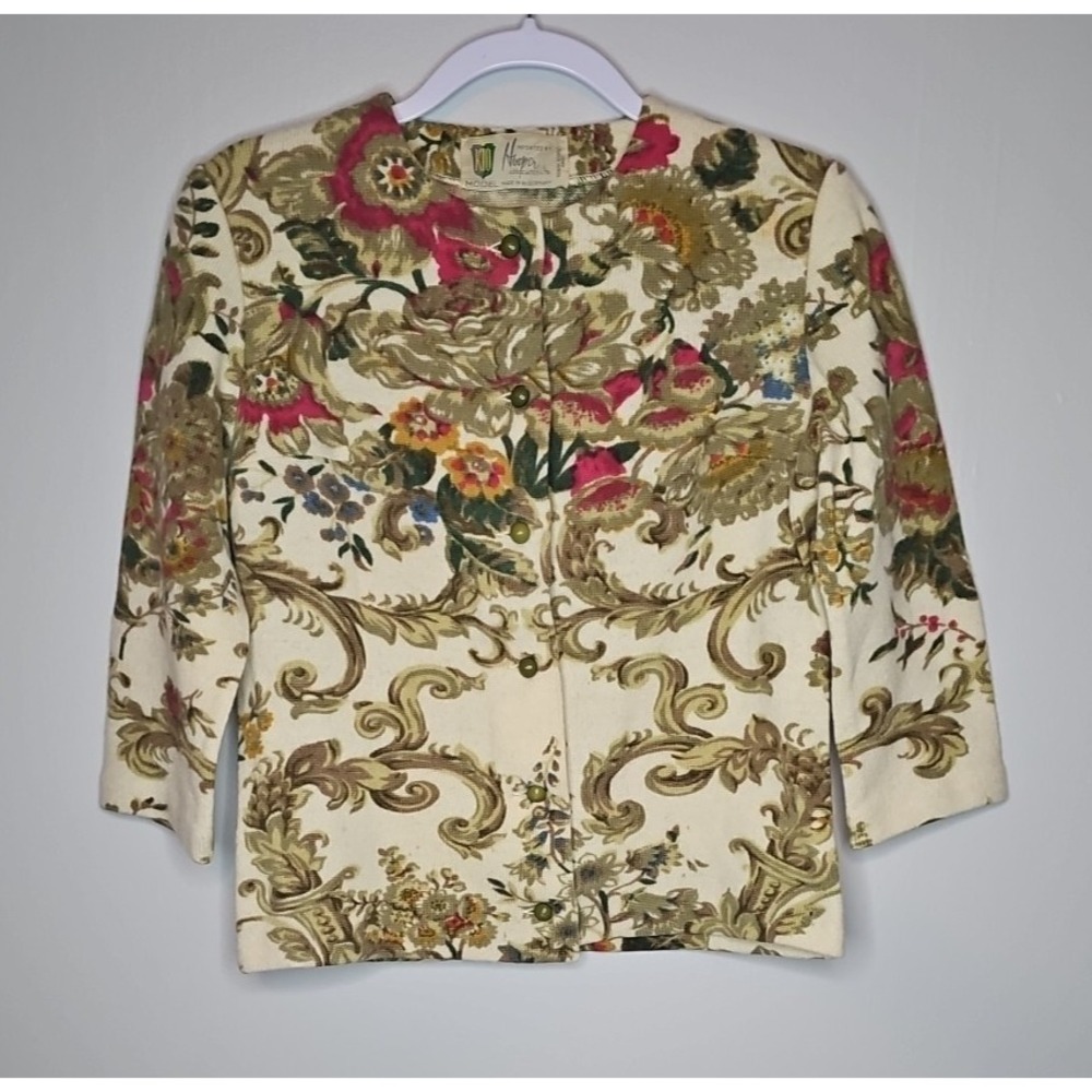 Vintage KIO Colorful 1950's Button Up Wool Sweater Cardigan Floral Print Size S